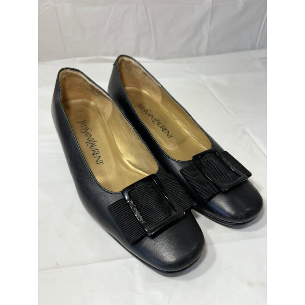 Yves Saint Laurent Black square bow Leather loafer Heels Buckle Size 5.5